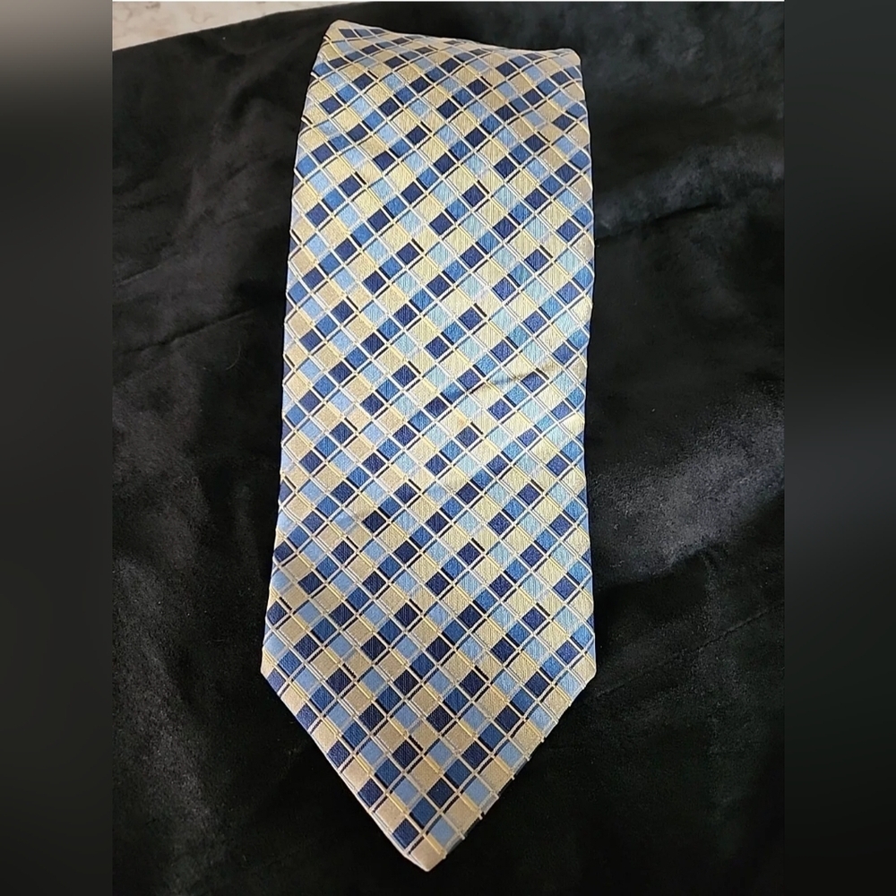 Bettini Silk Gold Navy Blue Diamond Check Print Mens Tie Necktie Italy